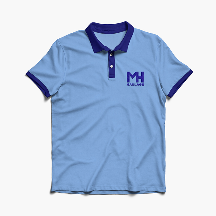 MH Haulage Logo on a light blue polo shirt